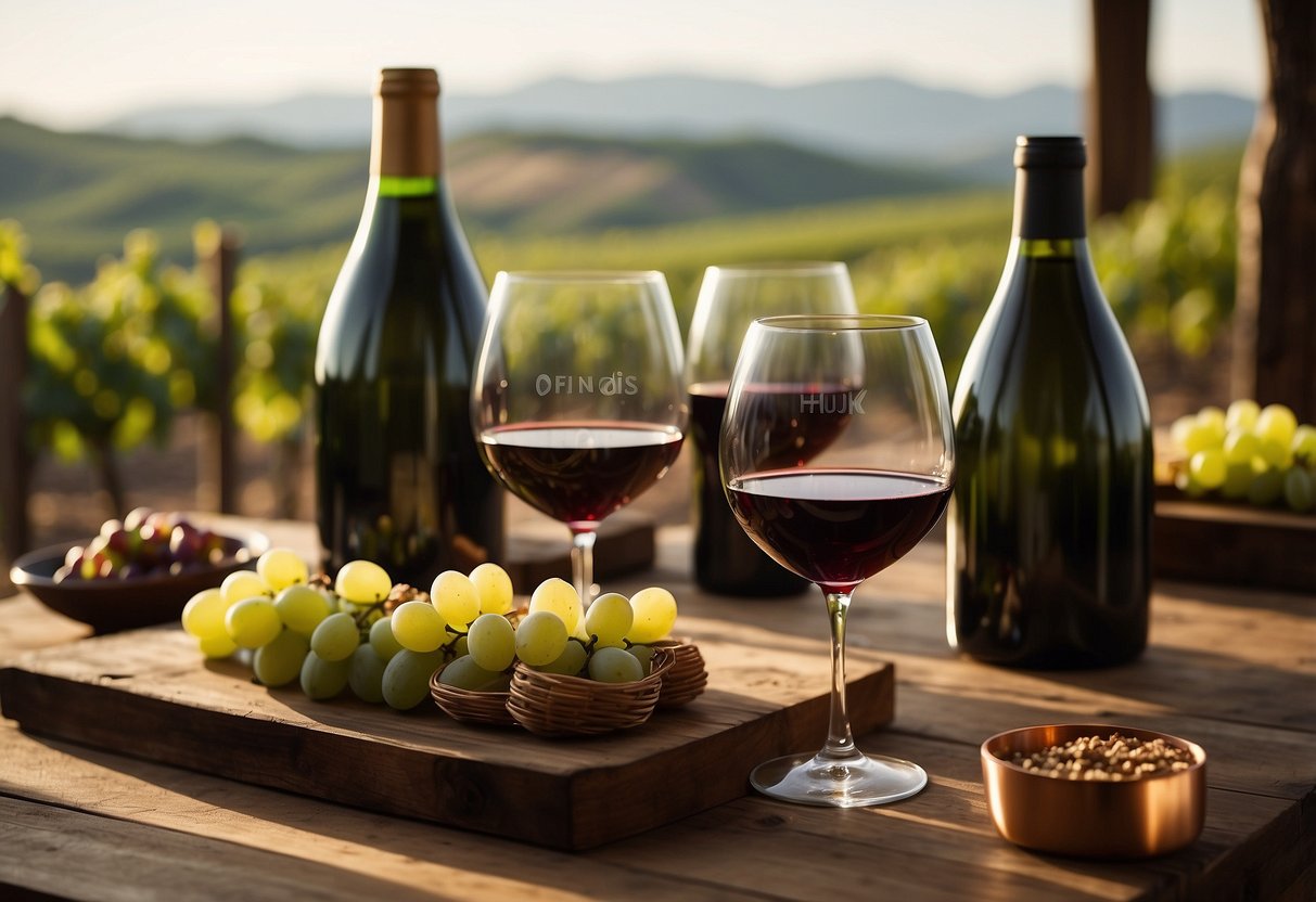 Guests swirl and sip wine in a cozy vineyard setting, surrounded by rolling hills and lush grapevines. A rustic wooden table is adorned with an array of wine glasses and bottles, creating a romantic and indulgent atmosphere