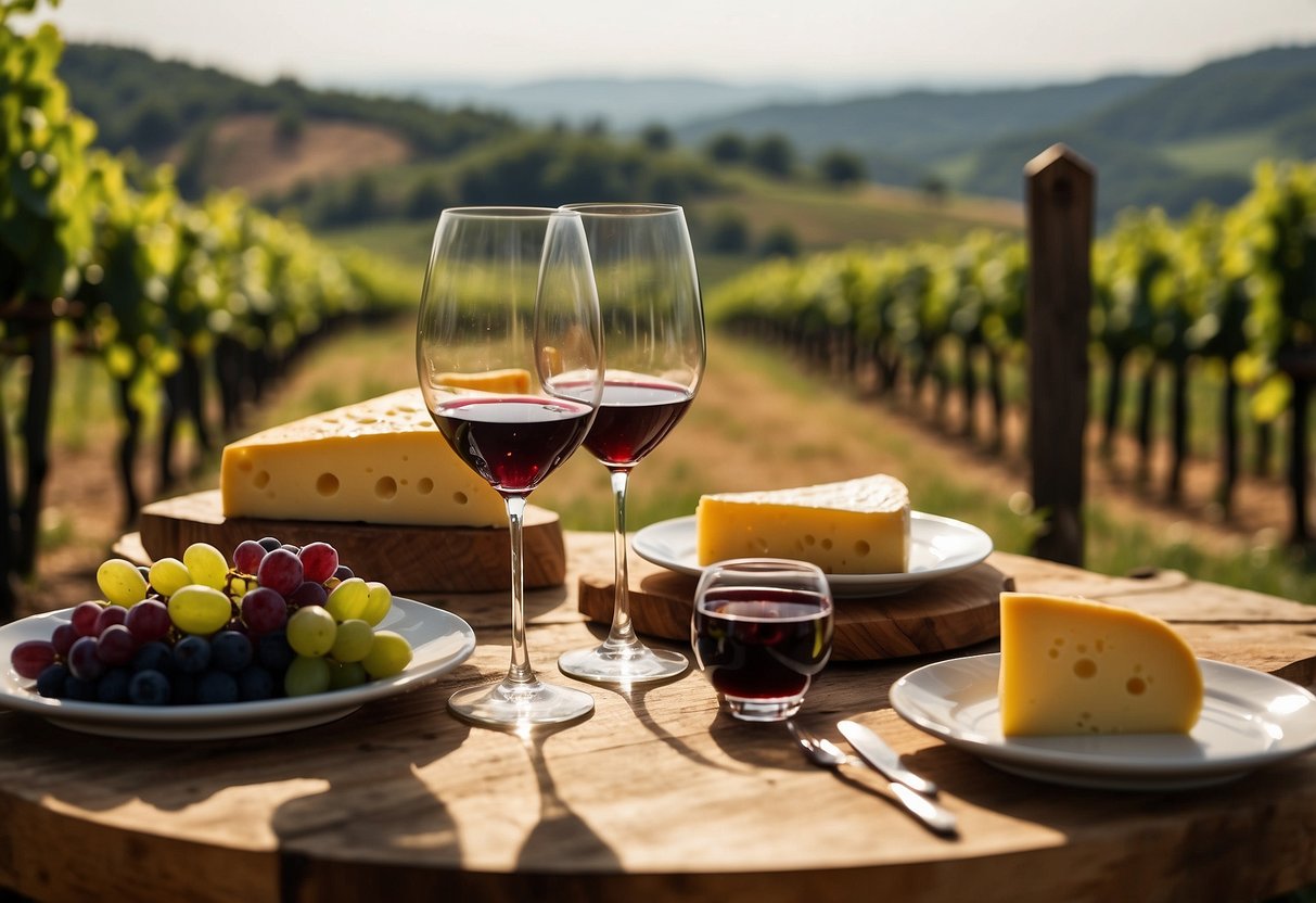 A table set with wine glasses, bottles, and cheese. Vineyard landscape in the background. Sunshine and a relaxed atmosphere