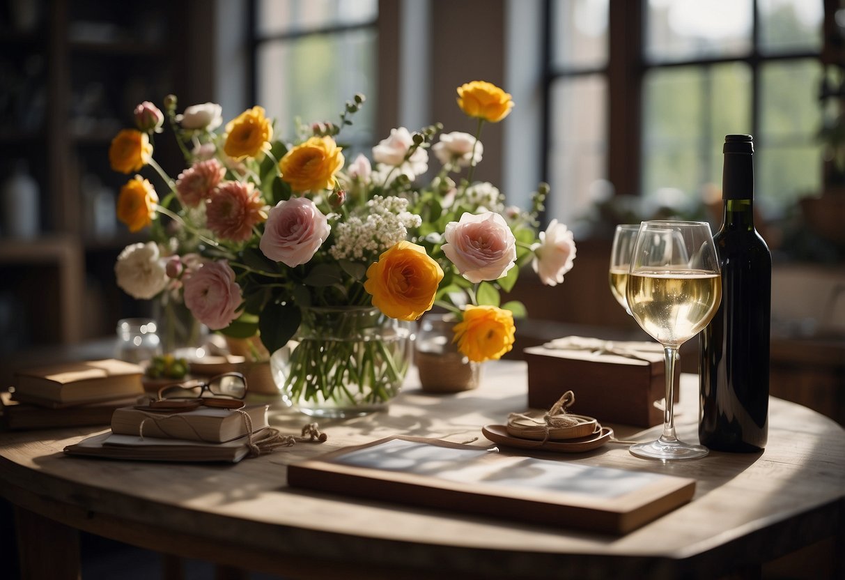 An art class with a romantic theme, featuring a still life setup of flowers, wine, and a wedding photo