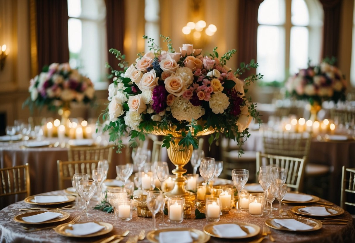 Lavish floral centerpieces adorn opulent wedding tables. Rich, vibrant blooms cascade from gilded vases, creating an atmosphere of luxury and elegance