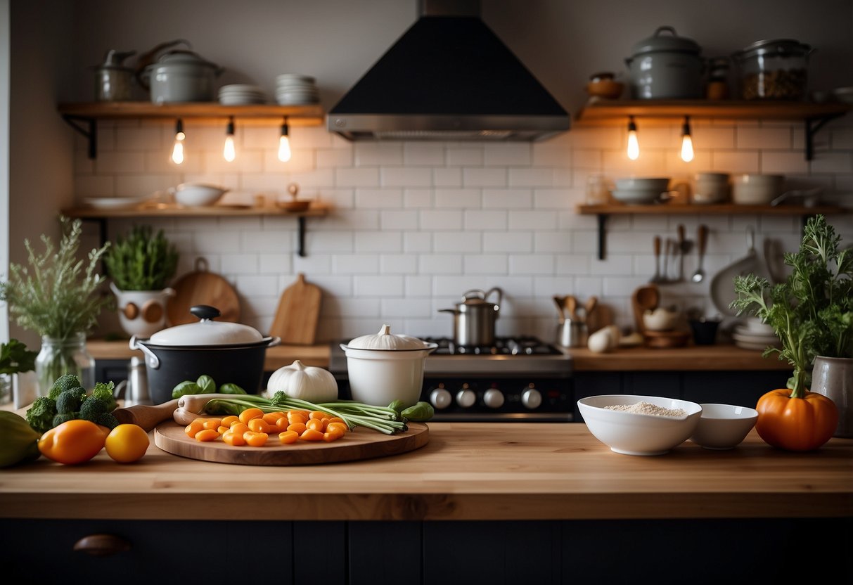 A cozy kitchen with two sets of ingredients and utensils laid out for a couples cooking class. A chef's hat and apron hang on the wall