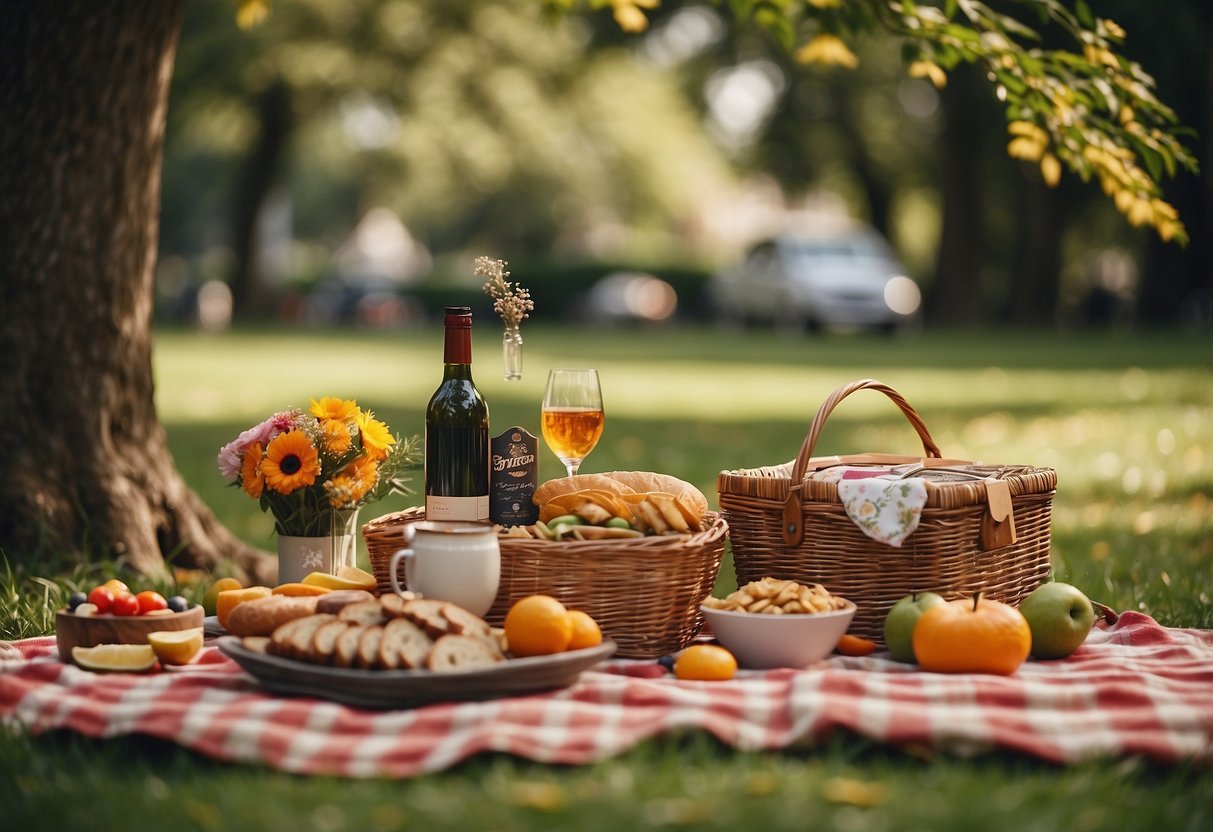 A colorful picnic blanket spread out under a shady tree, surrounded by a spread of delicious food and drinks, with a bouquet of flowers and a small gift box on display