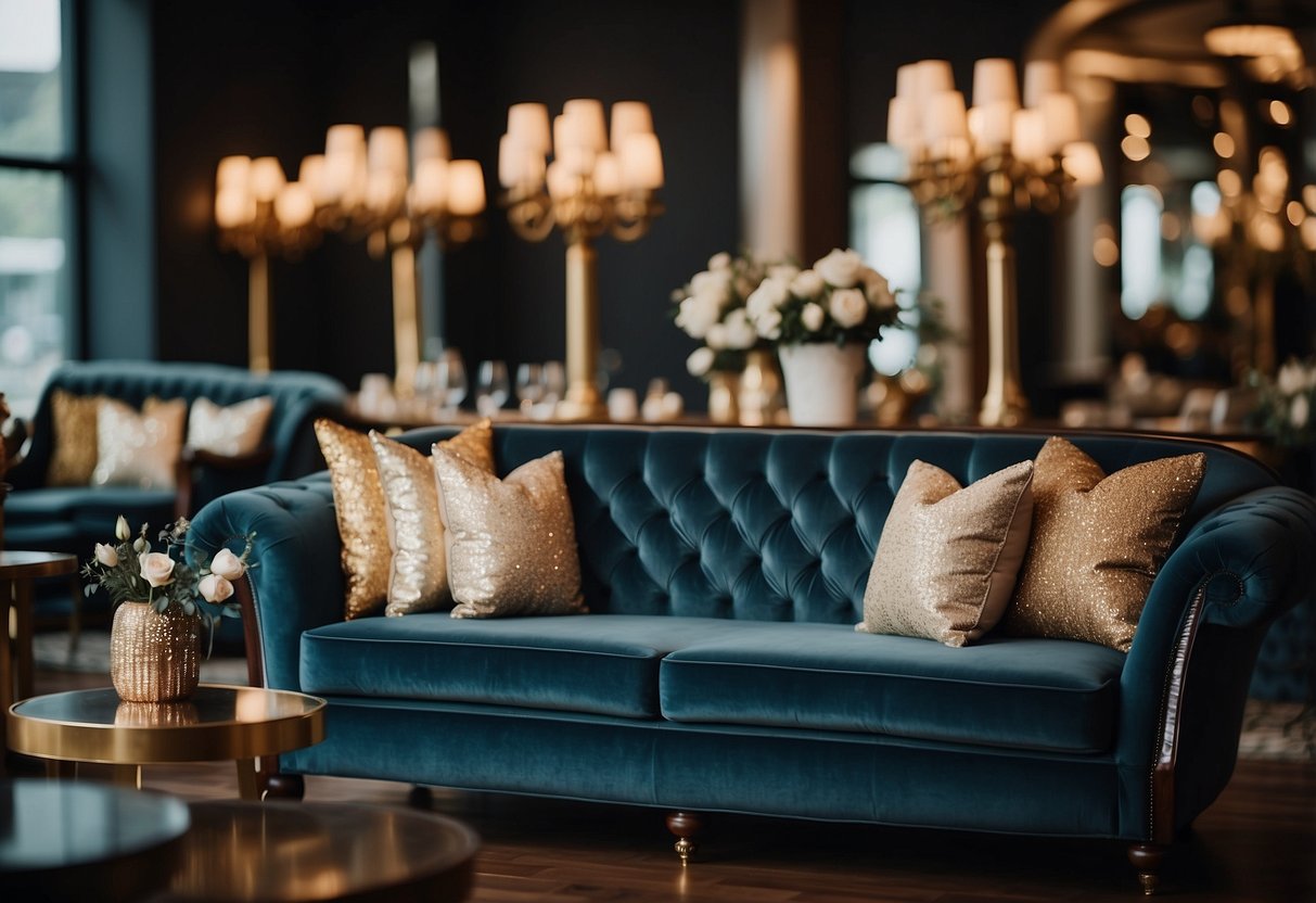 Plush vintage lounge seating arranged with elegant wedding decor. Rich colors and luxurious fabrics create a sophisticated and inviting atmosphere