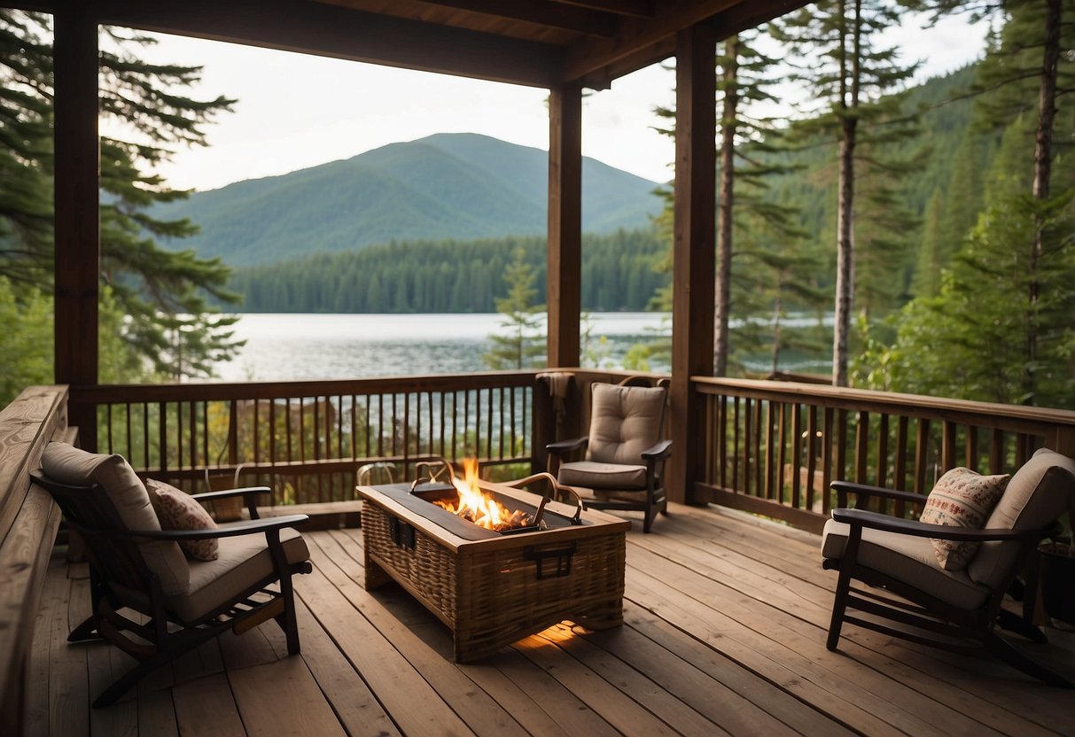 A cozy cabin nestled in a lush forest, with a bubbling hot tub and a crackling fire pit. A picnic basket filled with gourmet treats sits on the porch, overlooking a serene lake