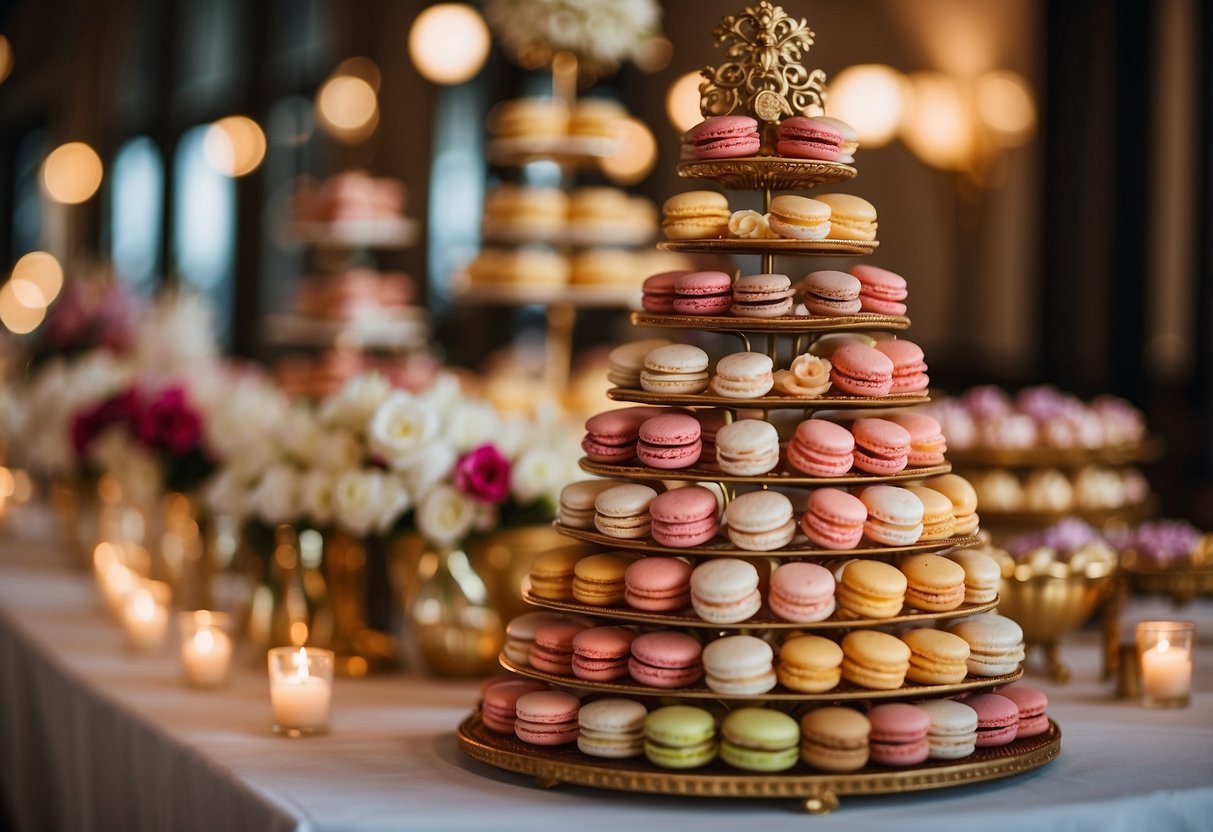 A grand display of macaron towers adorns a lavish wedding setting, exuding opulence and sophistication