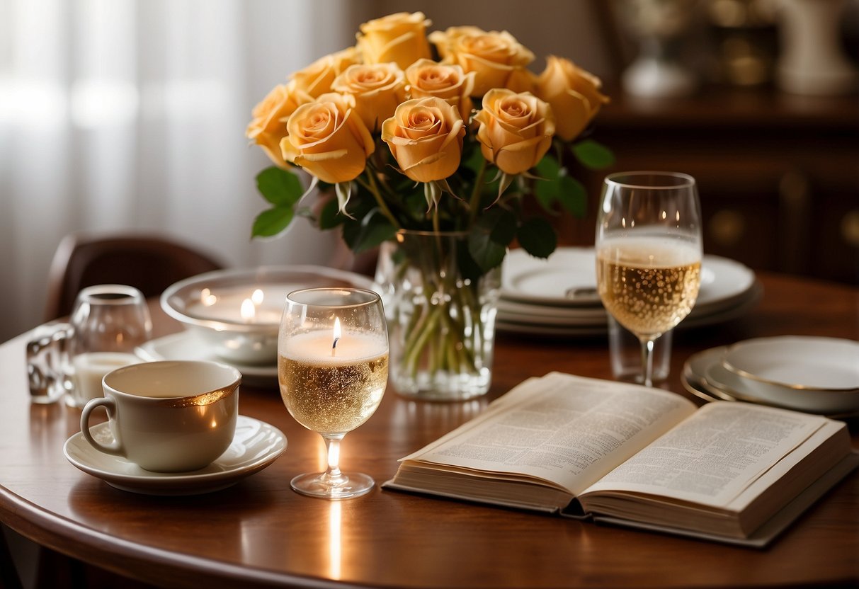 A table set with a scrapbook, photos, and mementos. Two champagne glasses sit beside a vase of roses. A candle flickers, casting a warm glow