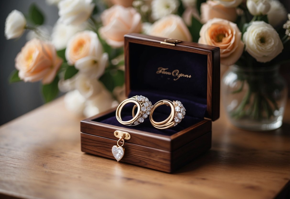 A beautifully crafted engraved jewelry box sits on a polished wooden table, surrounded by delicate anniversary flowers and a handwritten love note