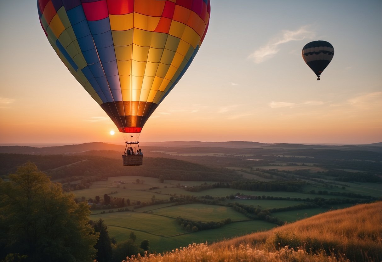 A colorful hot air balloon floats above a picturesque landscape at sunset, with a couple inside celebrating their 18th wedding anniversary