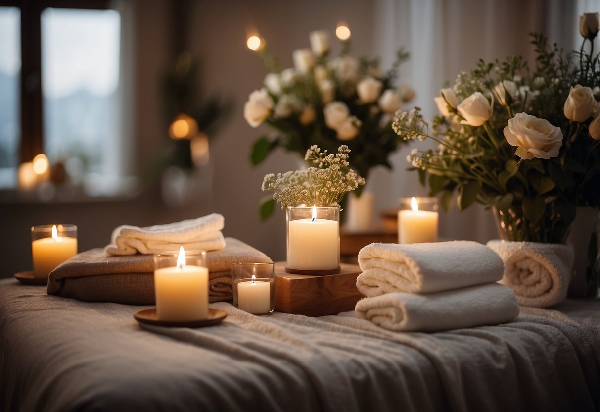 A serene room with two massage tables adorned with fresh flowers, candles, and soft lighting. A peaceful atmosphere with soothing music in the background