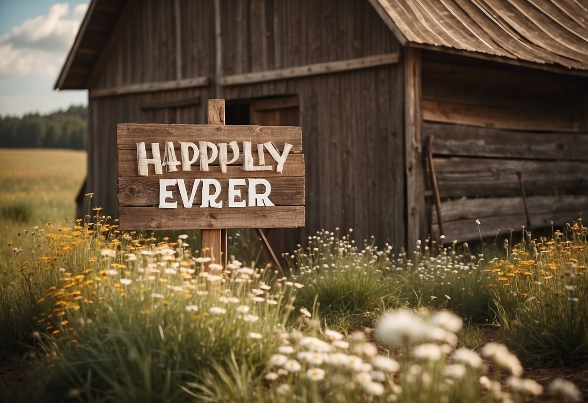 A rustic barn adorned with burlap and lace, surrounded by wildflowers and hay bales. A wooden sign reads "Happily Ever After."