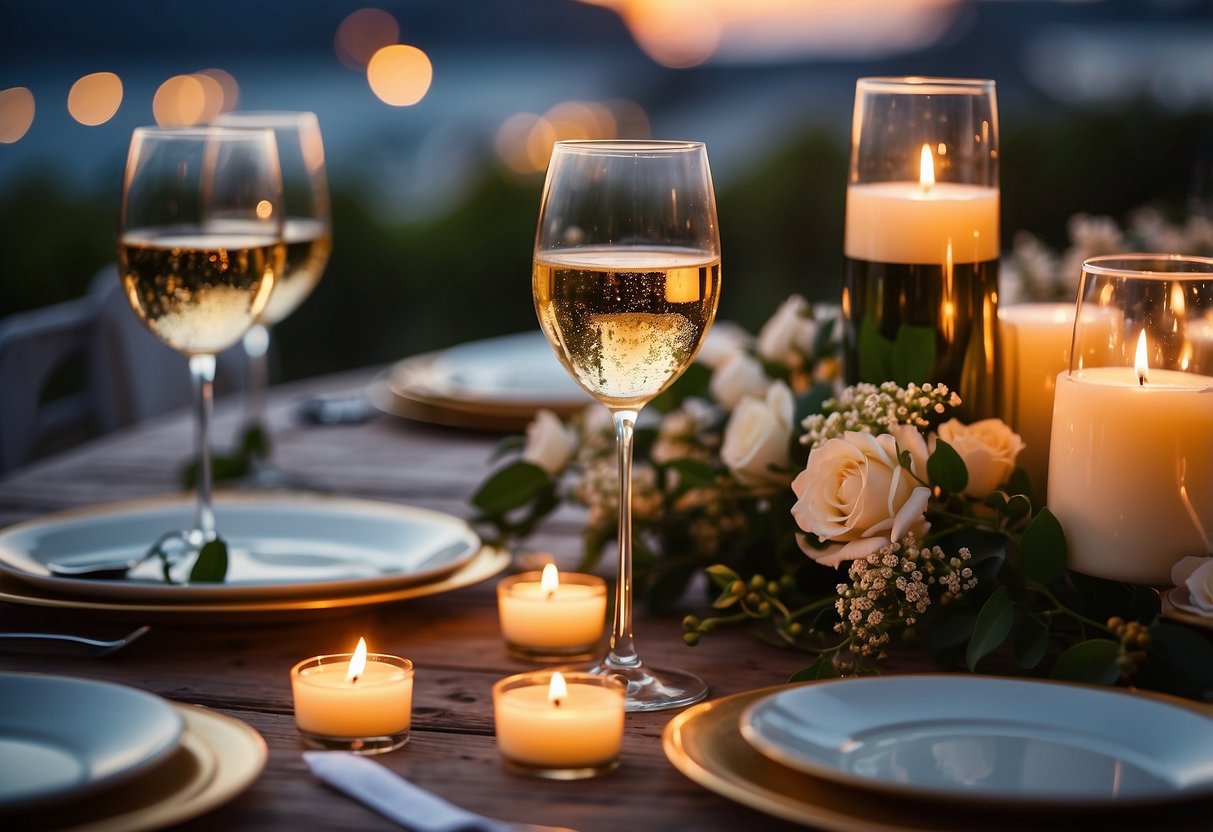 A romantic dinner table set with candles, flowers, and champagne. A picturesque sunset in the background