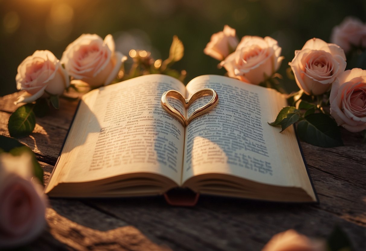 A couple's names engraved on a heart-shaped book, surrounded by roses and wedding rings. A romantic sunset casts a warm glow over the scene