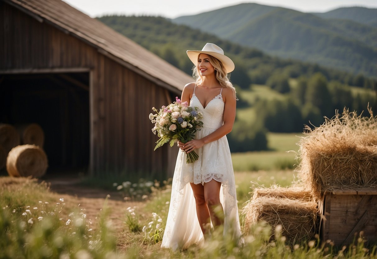 A bride in cowboy boots stands in a rustic barn, surrounded by wildflowers and bales of hay. A cowboy hat rests on a wooden table, adding to the country wedding atmosphere