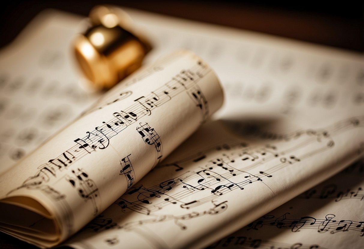 A couple's names and wedding date written in elegant script on a sheet of music paper, surrounded by musical notes and symbols