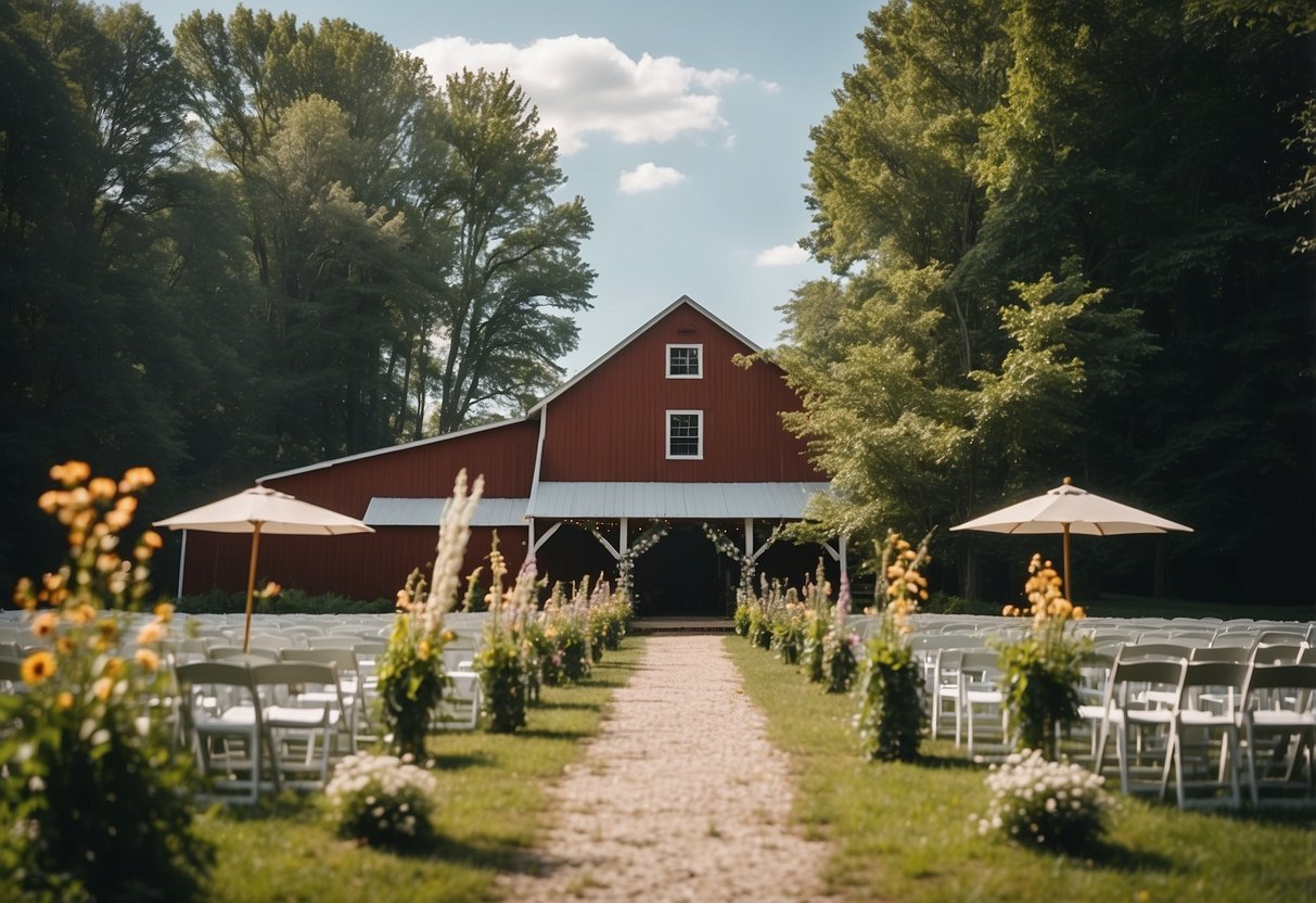 A picturesque barn wedding venue in the rolling hills of Kentucky, surrounded by lush greenery and blooming wildflowers