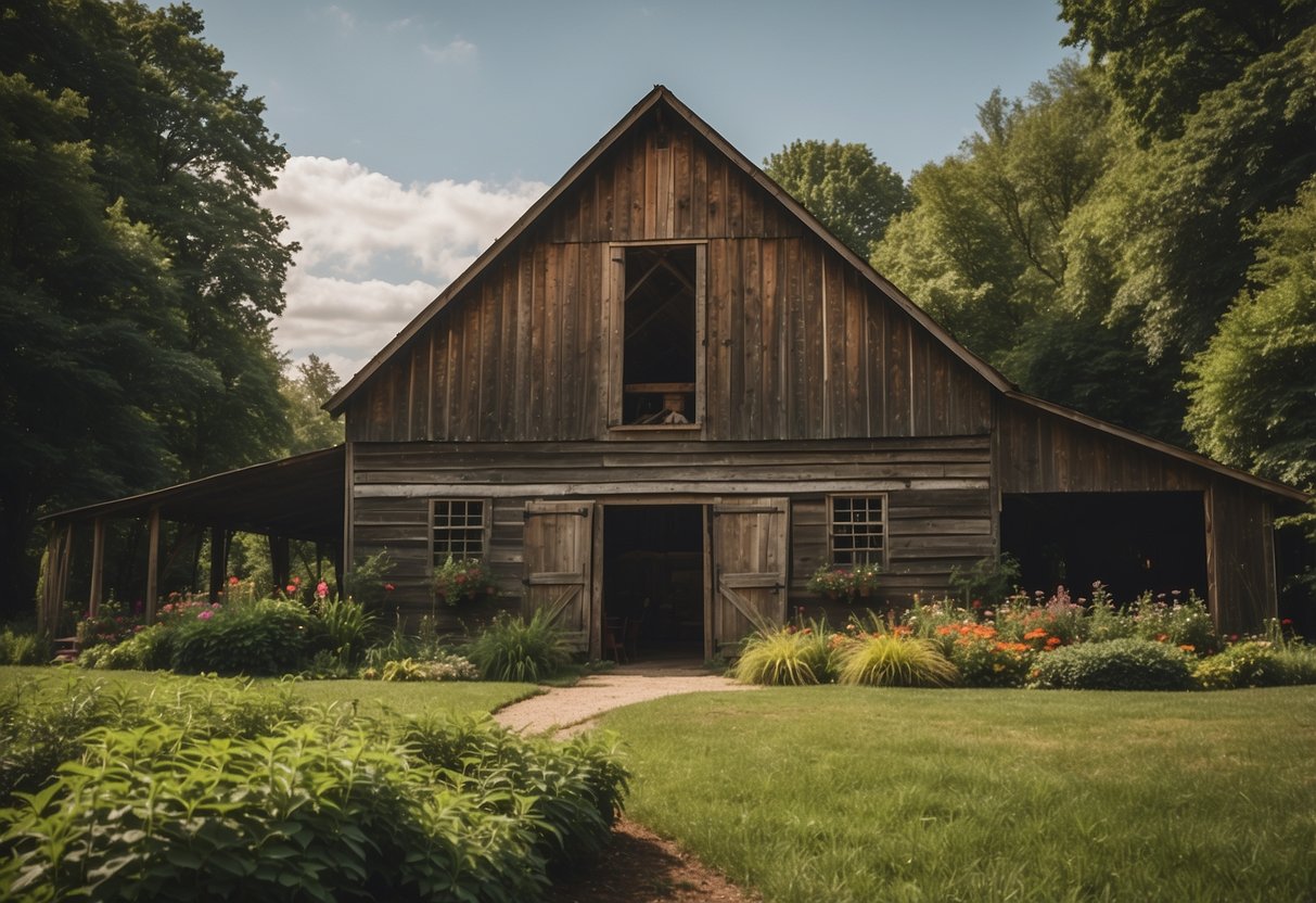 A rustic barn nestled in a lush garden setting, perfect for weddings in Kentucky