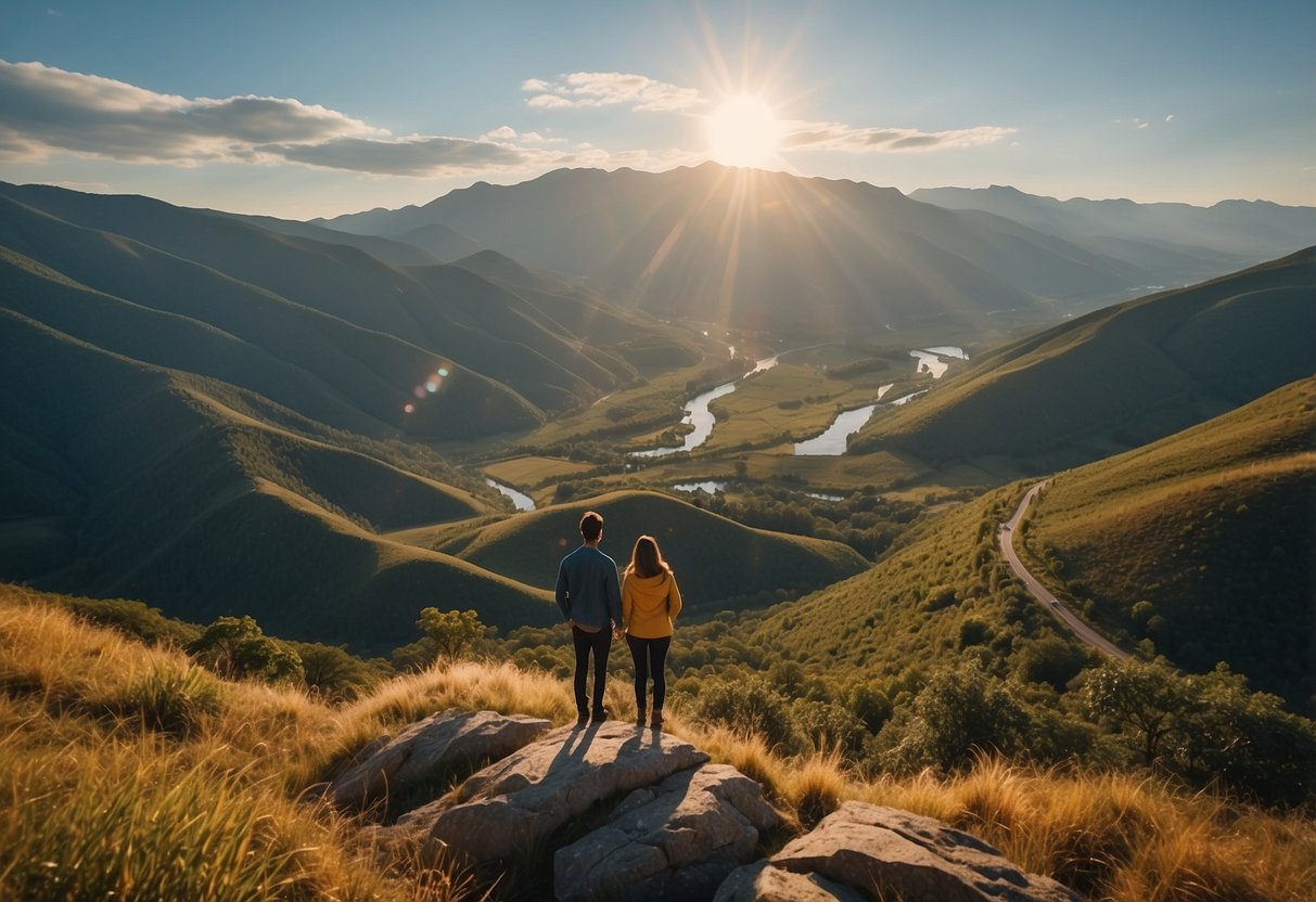 A couple stands on a cliff overlooking a lush valley. A winding river cuts through the landscape, leading to a distant mountain range. The sky is clear, and the sun casts a warm glow over the scene