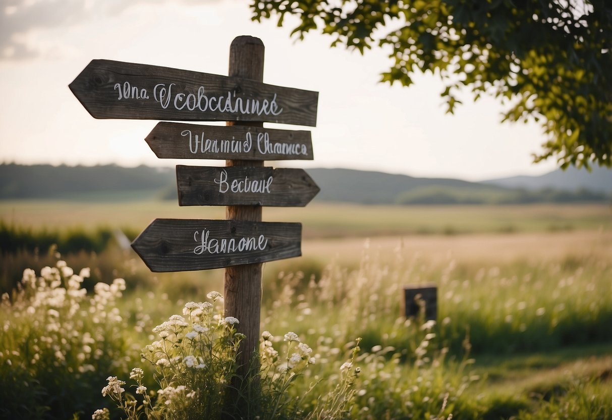 A wooden signpost stands in a field, pointing towards a rustic wedding venue. Hand-painted signs hang from the post, featuring charming country-style lettering and floral decorations