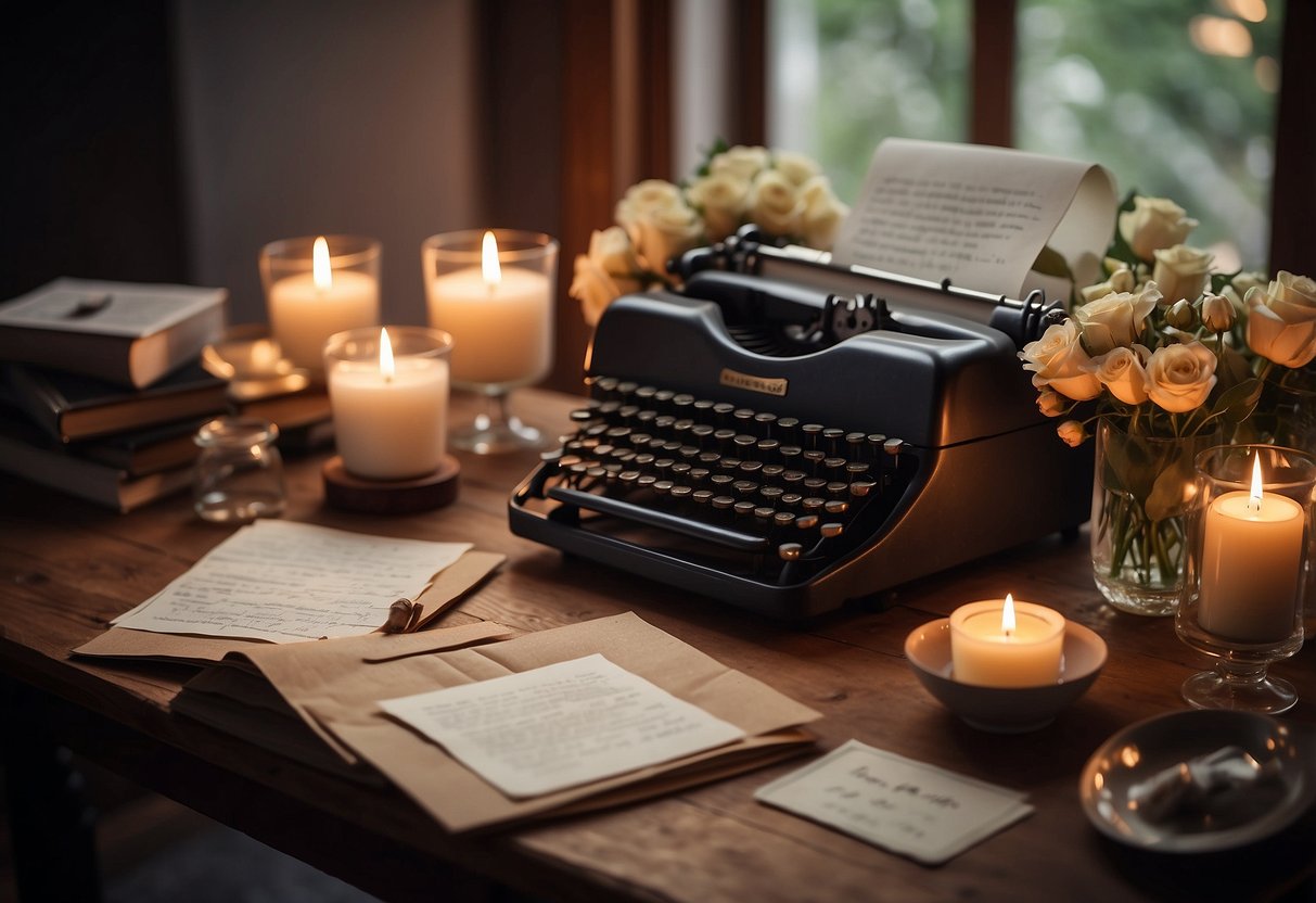 A pile of handwritten love letters arranged on a vintage desk, surrounded by flickering candles and a vase of fresh flowers