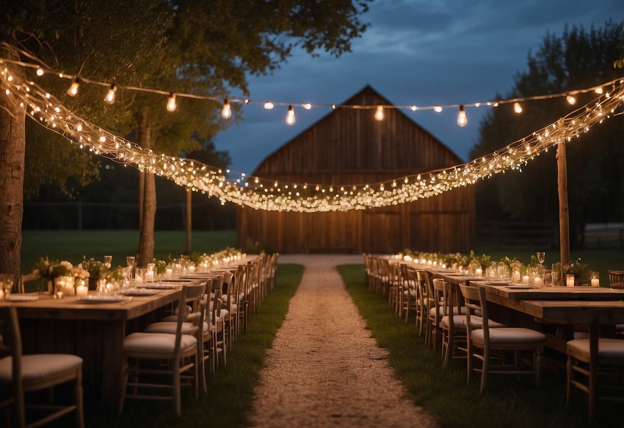 A rustic barn adorned with string lights, set against a country landscape, creates a warm and inviting atmosphere for a wedding celebration