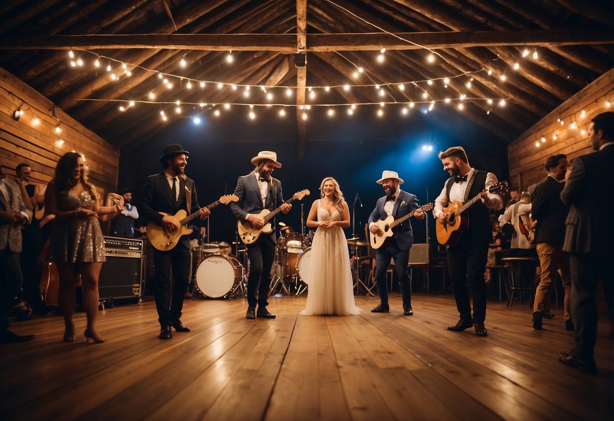 A lively country band performs on a rustic stage at a wedding, surrounded by string lights and a dance floor filled with happy guests