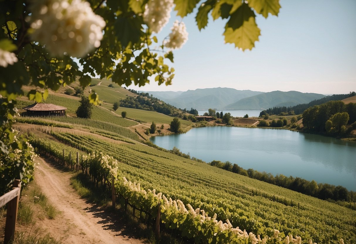 A picturesque vineyard with rolling hills, a grand outdoor pavilion, and a serene lake, surrounded by lush greenery and blooming flowers