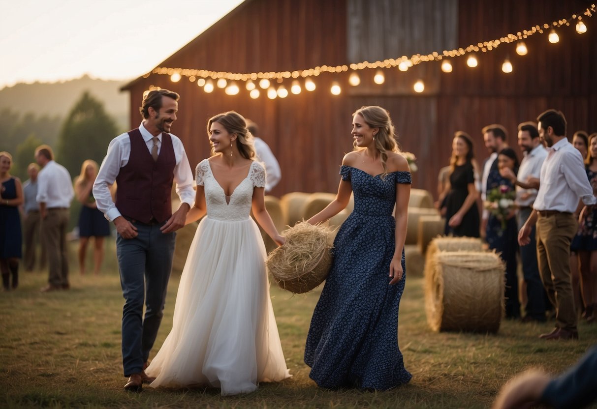 A lively country wedding with a barn dance, live band, and hay bale seating under twinkling string lights