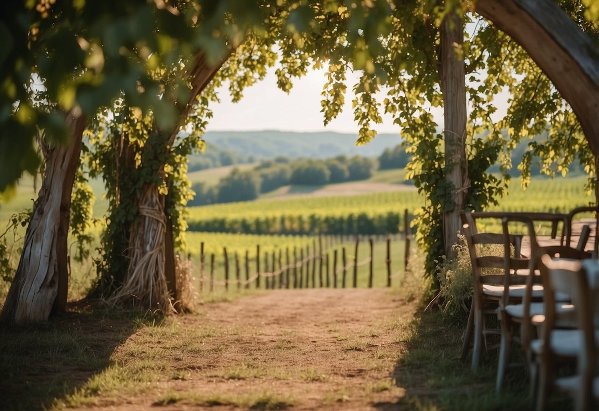 A sunny afternoon in a picturesque Kentucky vineyard, with rolling hills and a clear blue sky, perfect for a romantic wedding ceremony