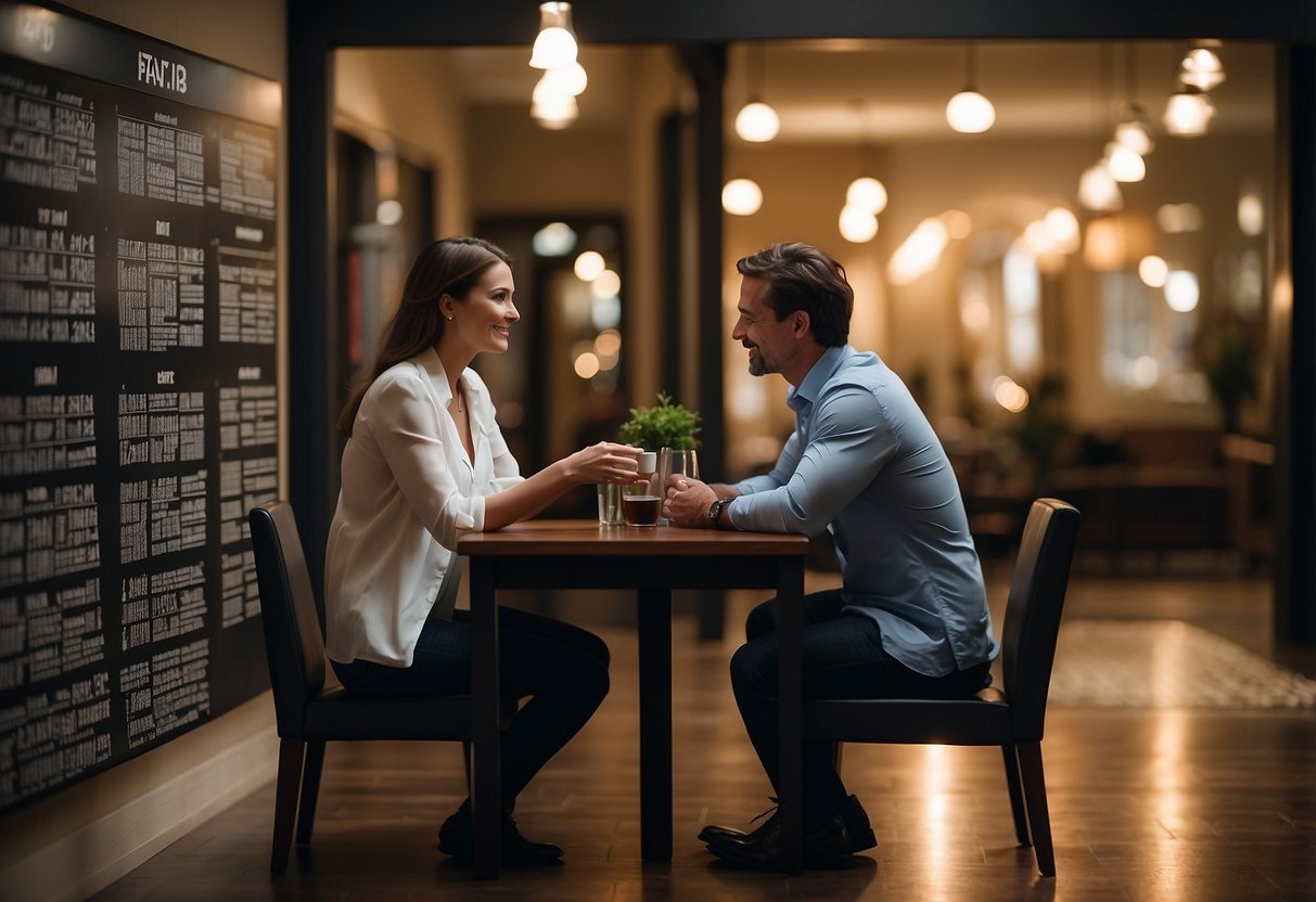 Two people sit across from each other at a table, discussing intimacy and relationships. A calendar on the wall marks the passing of time