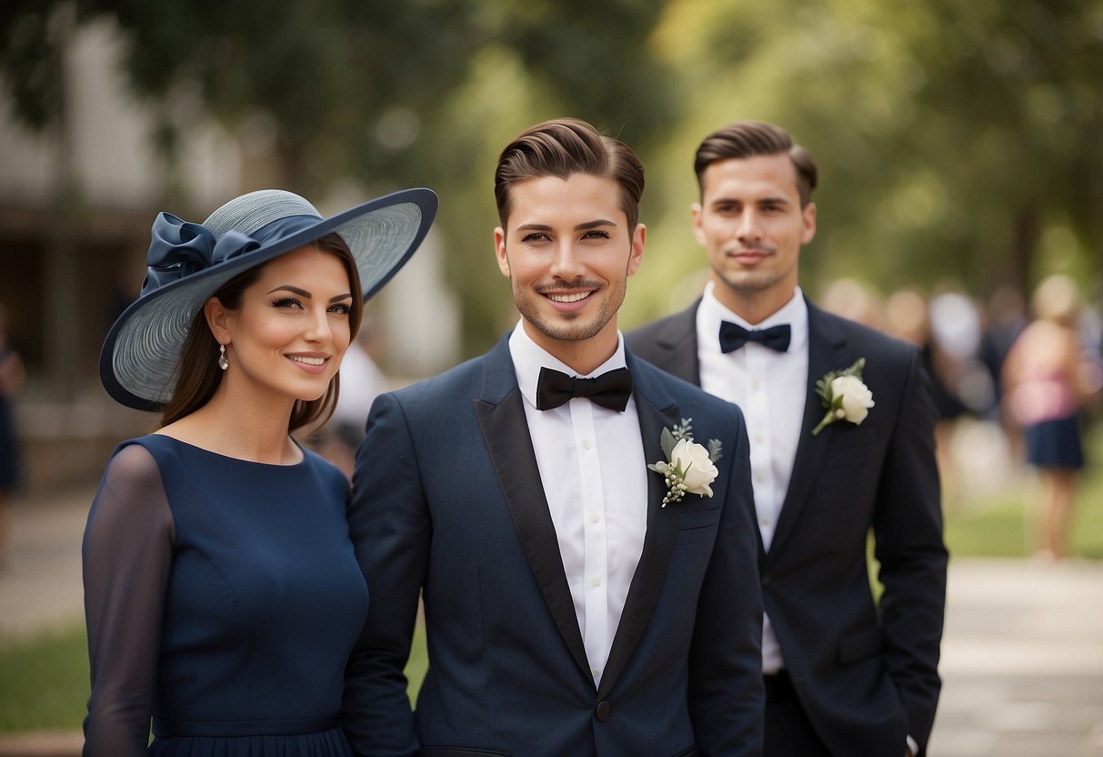 Guests in elegant attire at a wedding: men in suits or tuxedos, women in formal dresses or skirts and blouses, with accessories like hats or fascinators