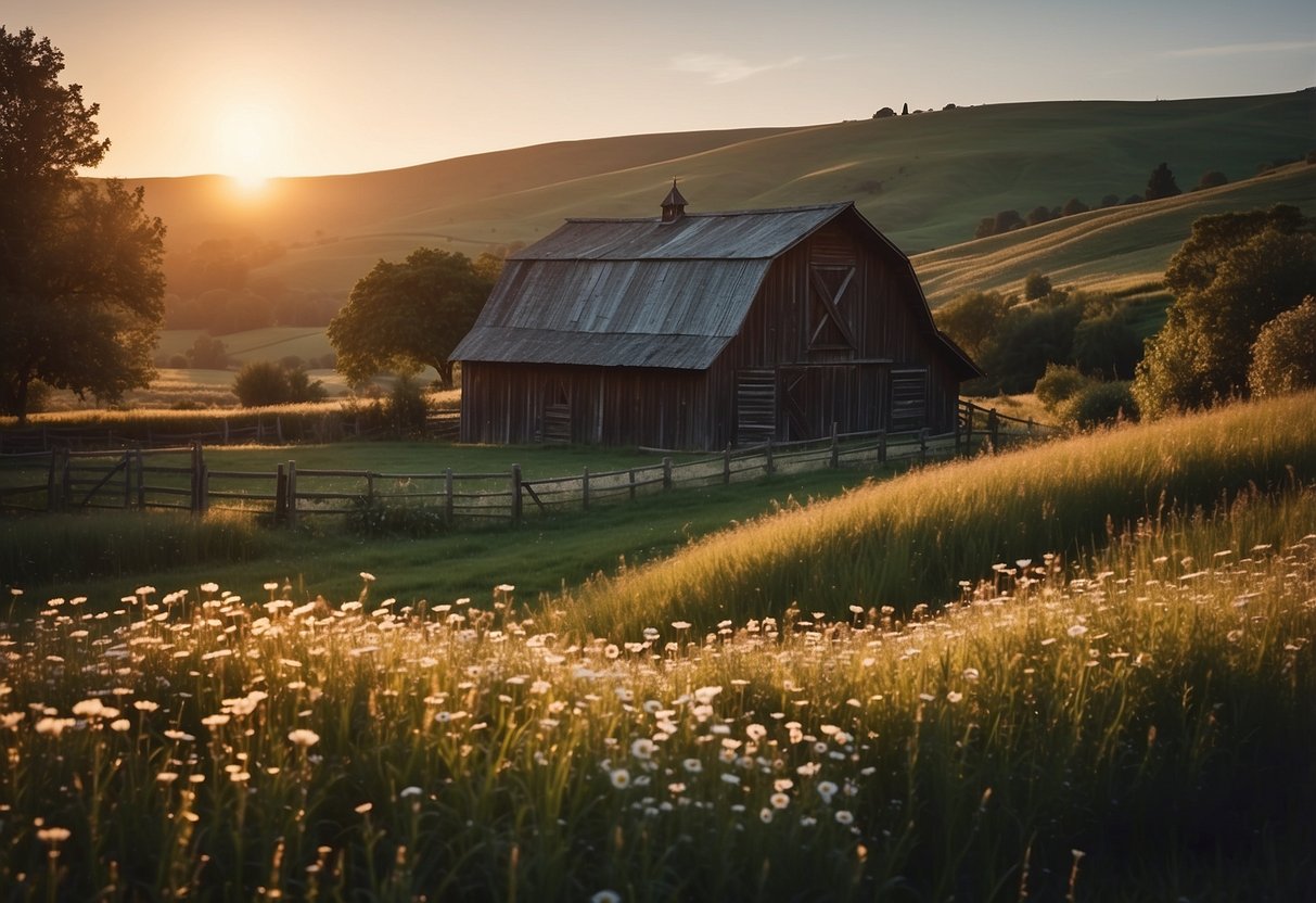 A picturesque barn nestled in rolling hills, adorned with fairy lights and wildflowers. A serene lake reflects the setting sun, creating a romantic atmosphere