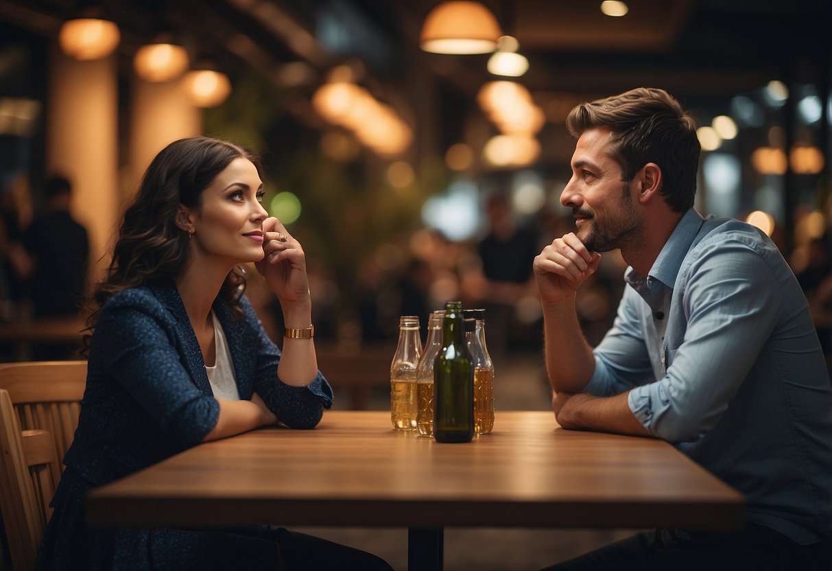 Two people sitting at a table, one asking the other "How many dates until you sleep together?" with a curious expression on their face