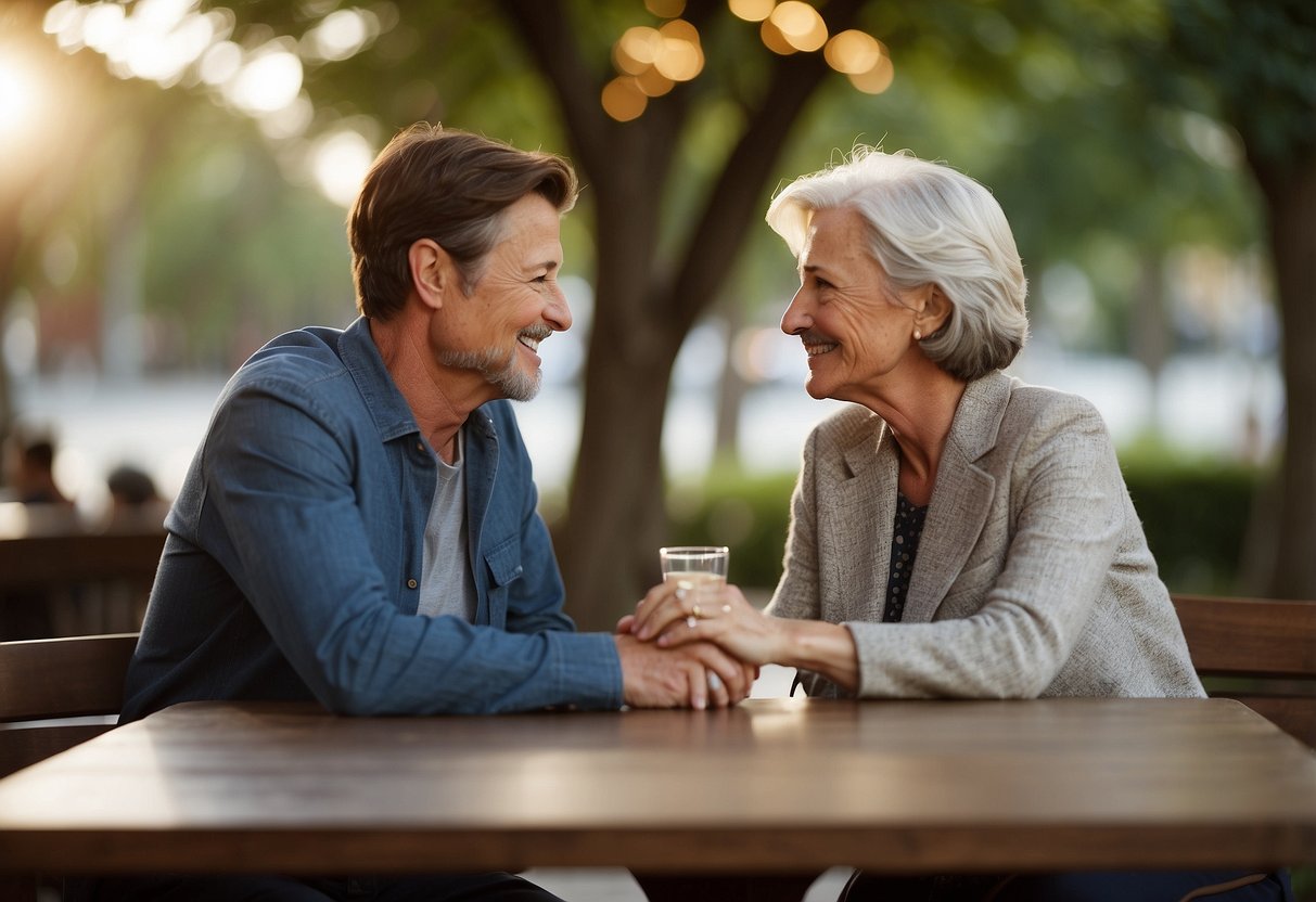 A couple sit at a table, one looking youthful and the other more mature. They hold hands, gazing into each other's eyes, showing love and understanding despite their age difference