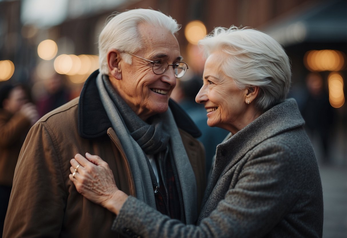 A couple with a noticeable age difference holding hands, surrounded by supportive family and friends