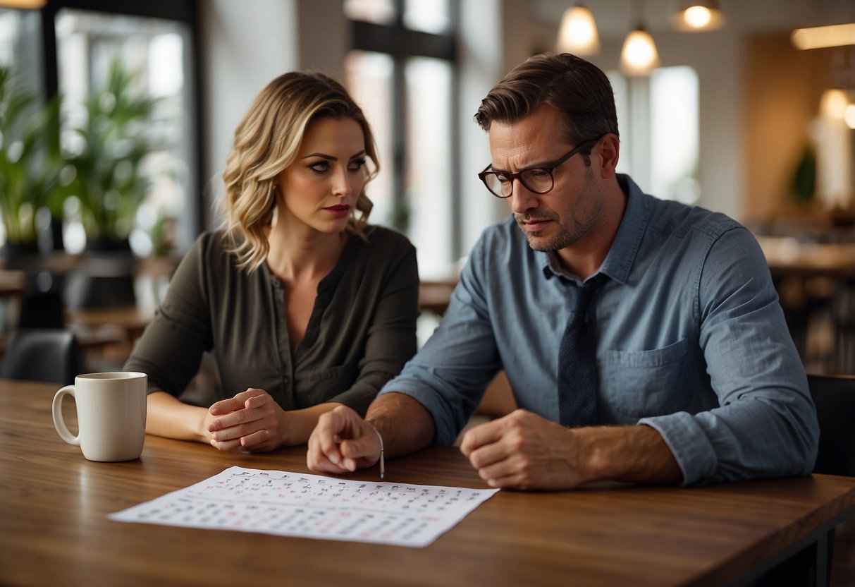 Two people sit at a table, one counting dates on a calendar while the other looks anxious, emphasizing emotion over numbers