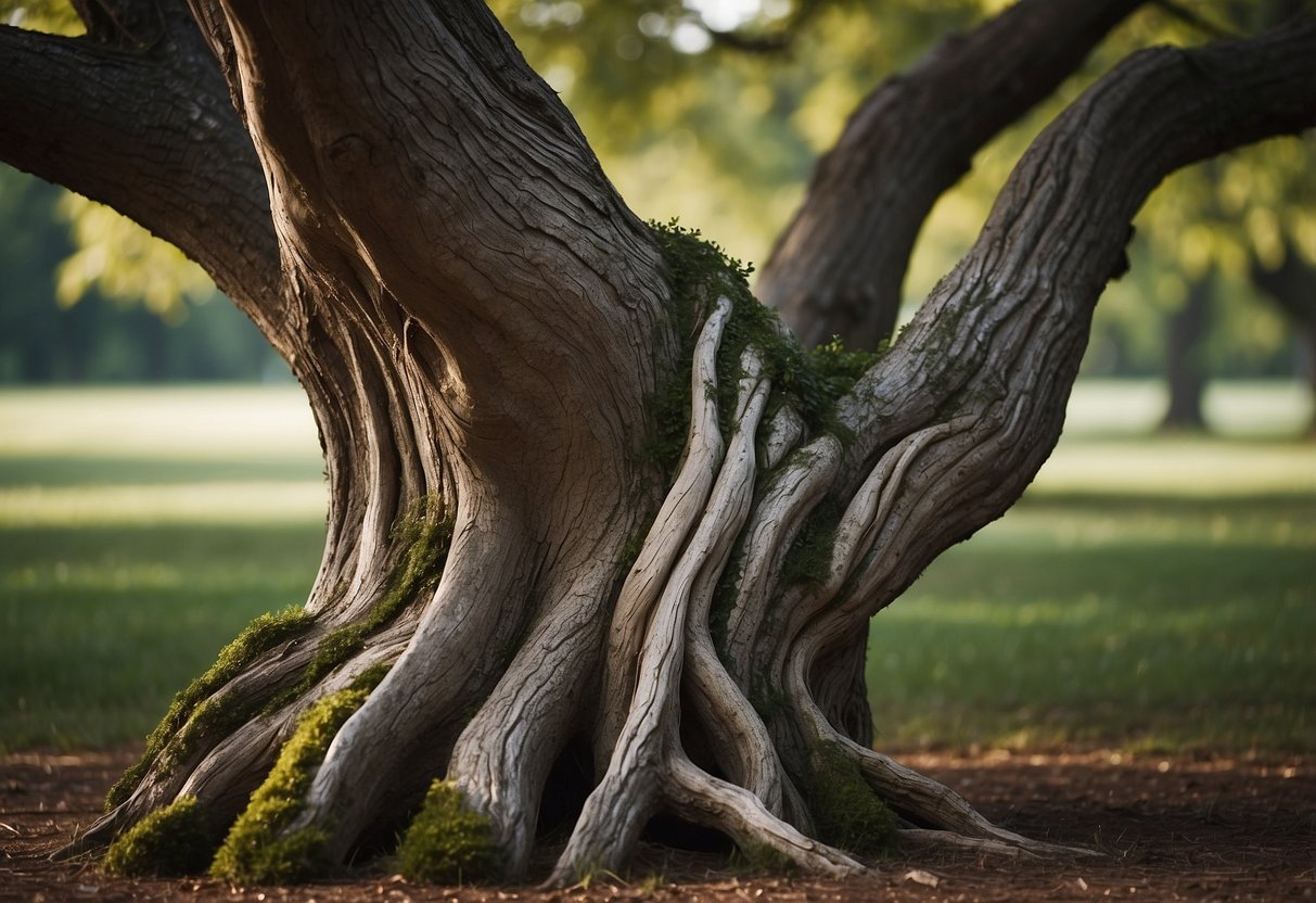 A young tree entwined with an old, weathered tree, symbolizing love transcending age