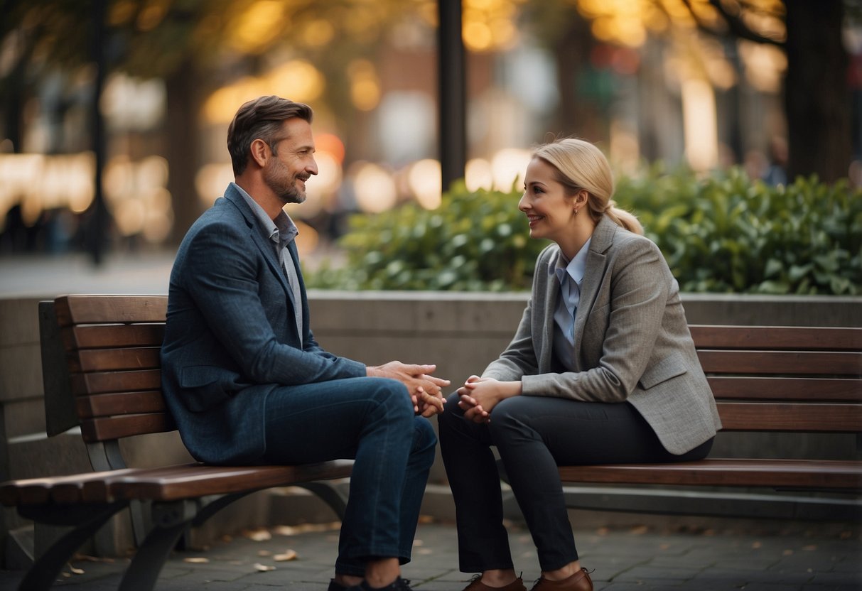 Two figures sitting across from each other, engaging in deep conversation. A sense of trust and connection is evident in their body language