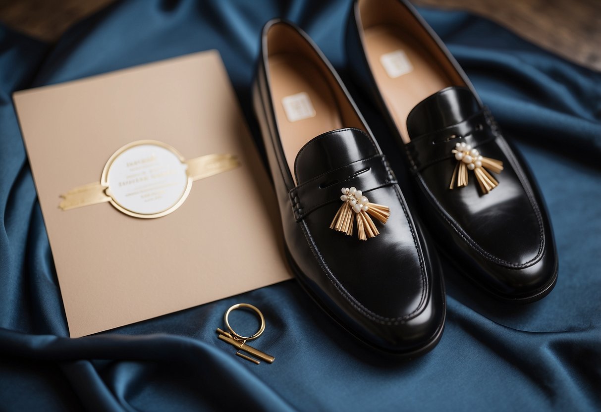 A pair of polished loafers placed next to a formal invitation and a boutonniere, signaling appropriate attire for a wedding