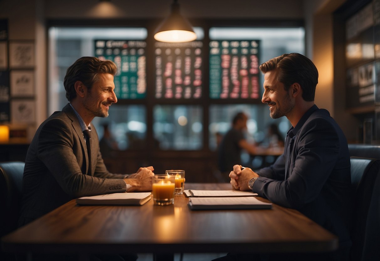 Two people sitting across from each other at a table, with a calendar on the wall in the background, each date marked off in a different color