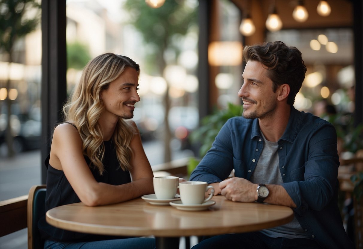 Two people sit across from each other at a cafe, discussing expectations and intimacy. The tension is palpable as they navigate the delicate topic