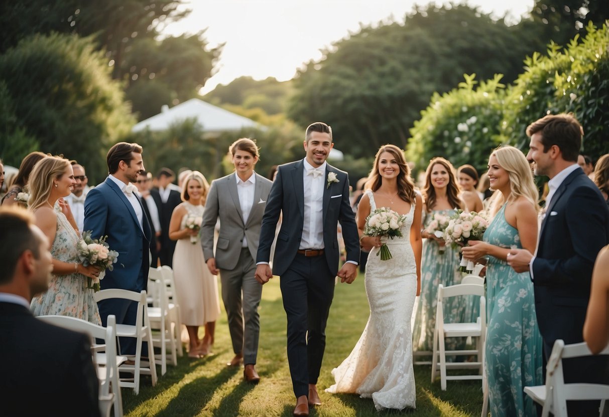 A garden wedding with guests in floral dresses and light suits, a beach wedding with attendees in casual beach attire, and a formal wedding with guests in elegant evening gowns and tuxedos