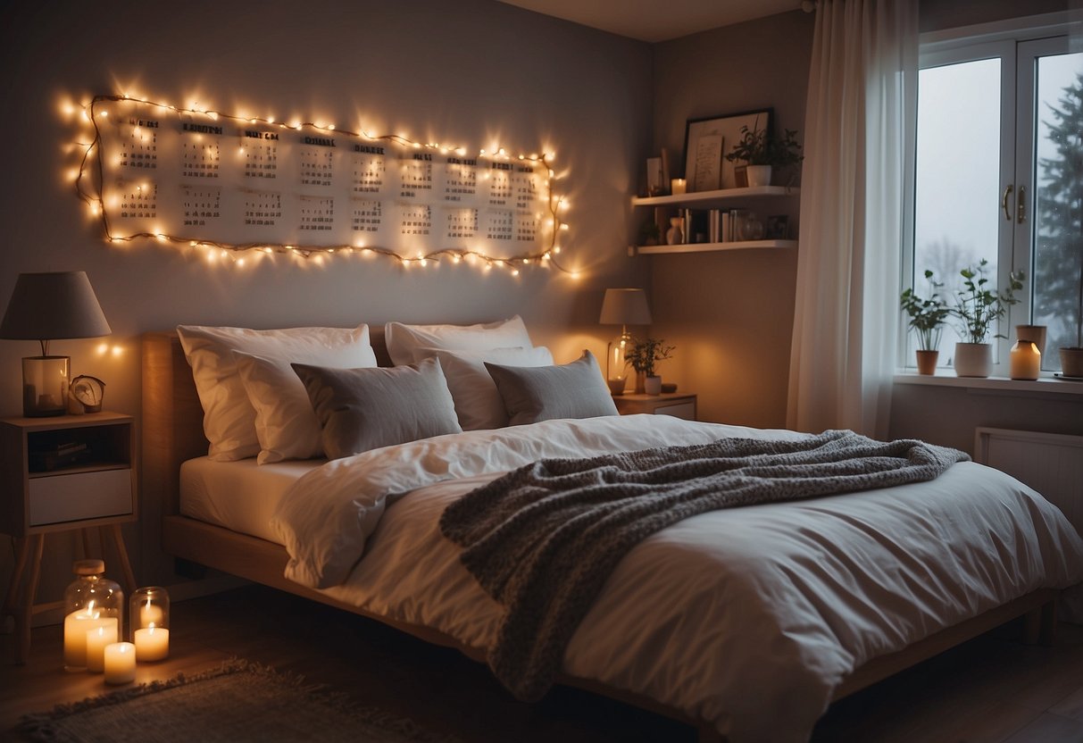 A cozy bedroom with a double bed, soft lighting, and a romantic atmosphere. A calendar on the wall marks the passage of time