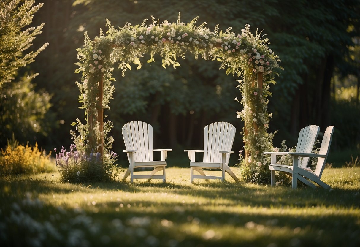 A rustic wooden arch adorned with wildflowers stands in a sun-dappled clearing. White folding chairs are arranged in a semi-circle on the lush green lawn