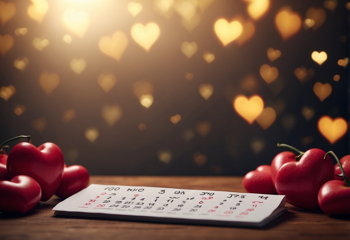 A calendar with "Weekly Tradition" written on it, surrounded by hearts and question marks, symbolizing the frequency of intimacy for 40-year-old married couples