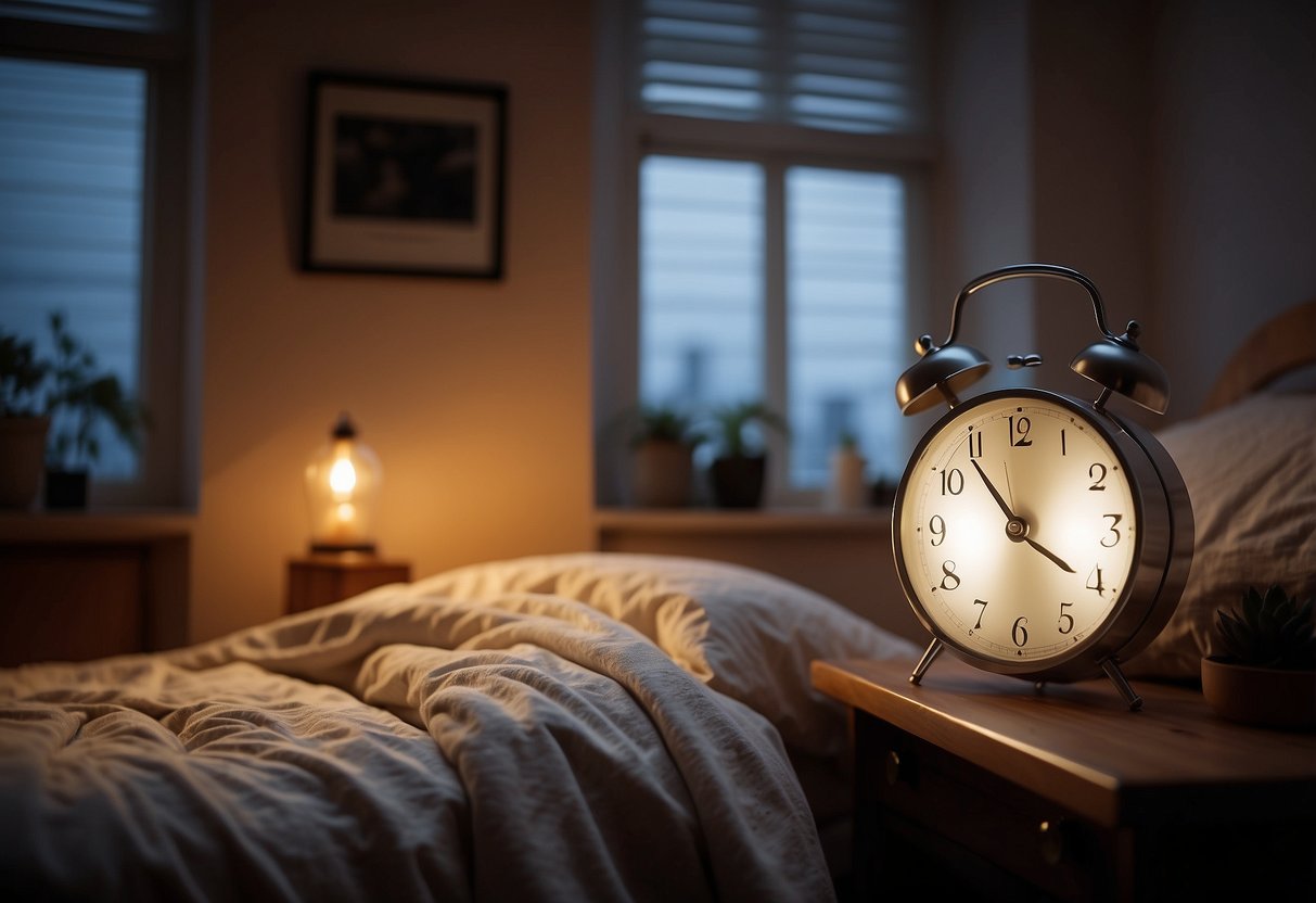 A cozy bedroom with tousled sheets, scattered clothing, and a warm glow from the bedside lamp. A clock on the nightstand reads 3:00 am, hinting at a passionate and spontaneous encounter