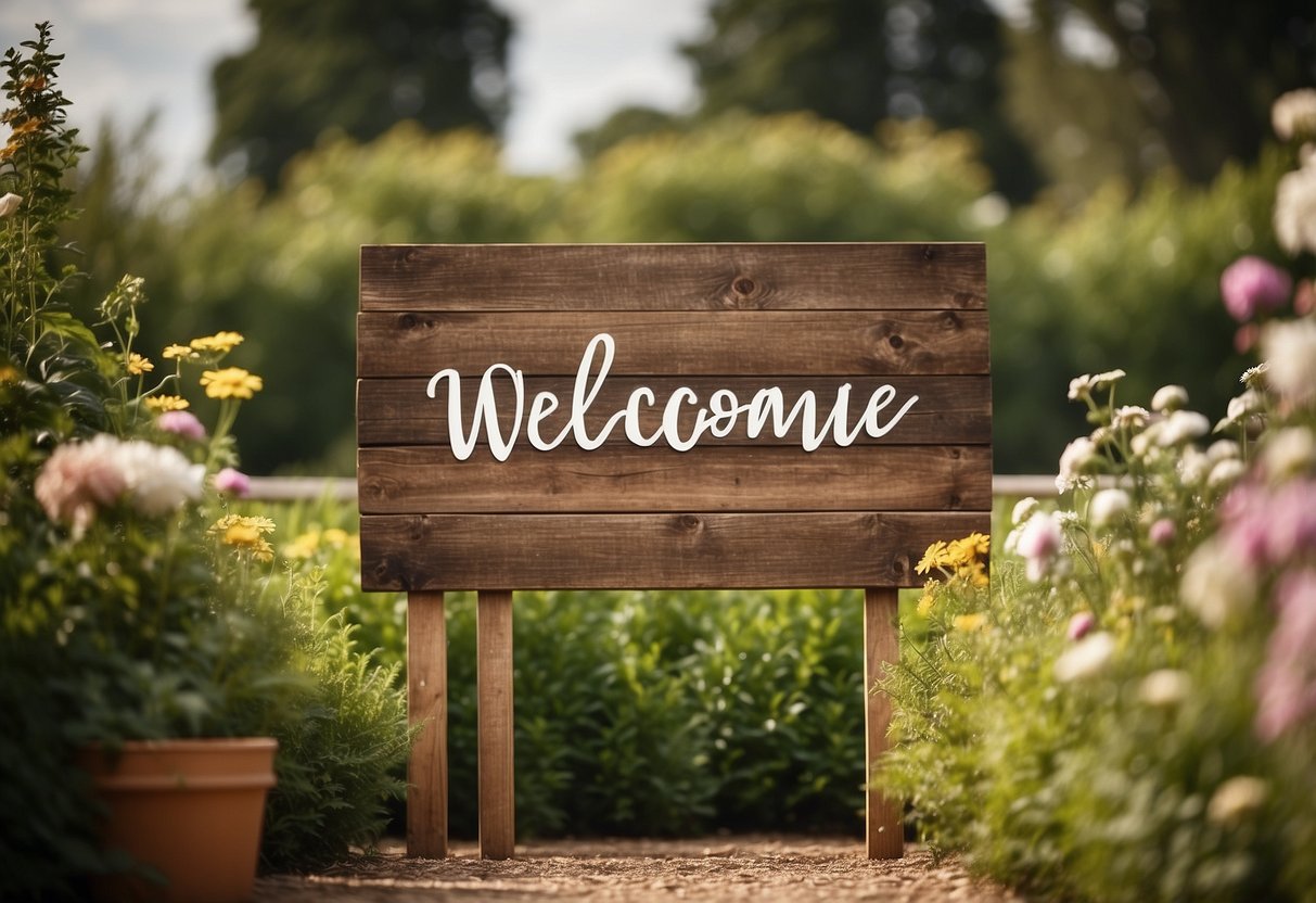 A rustic wooden welcome sign stands in a garden, surrounded by simple outdoor wedding decor