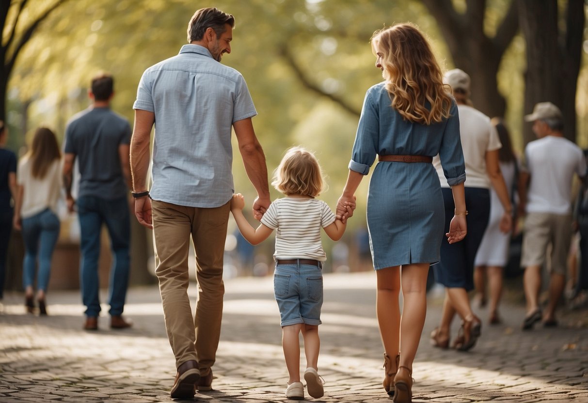 A couple with a noticeable age gap holding hands, surrounded by supportive friends and family