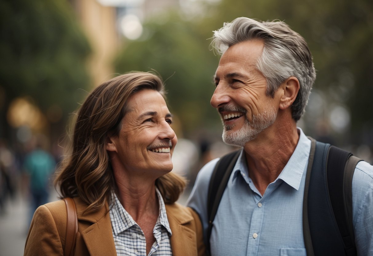 A couple with a noticeable age difference standing side by side, smiling and looking at each other with mutual respect and understanding