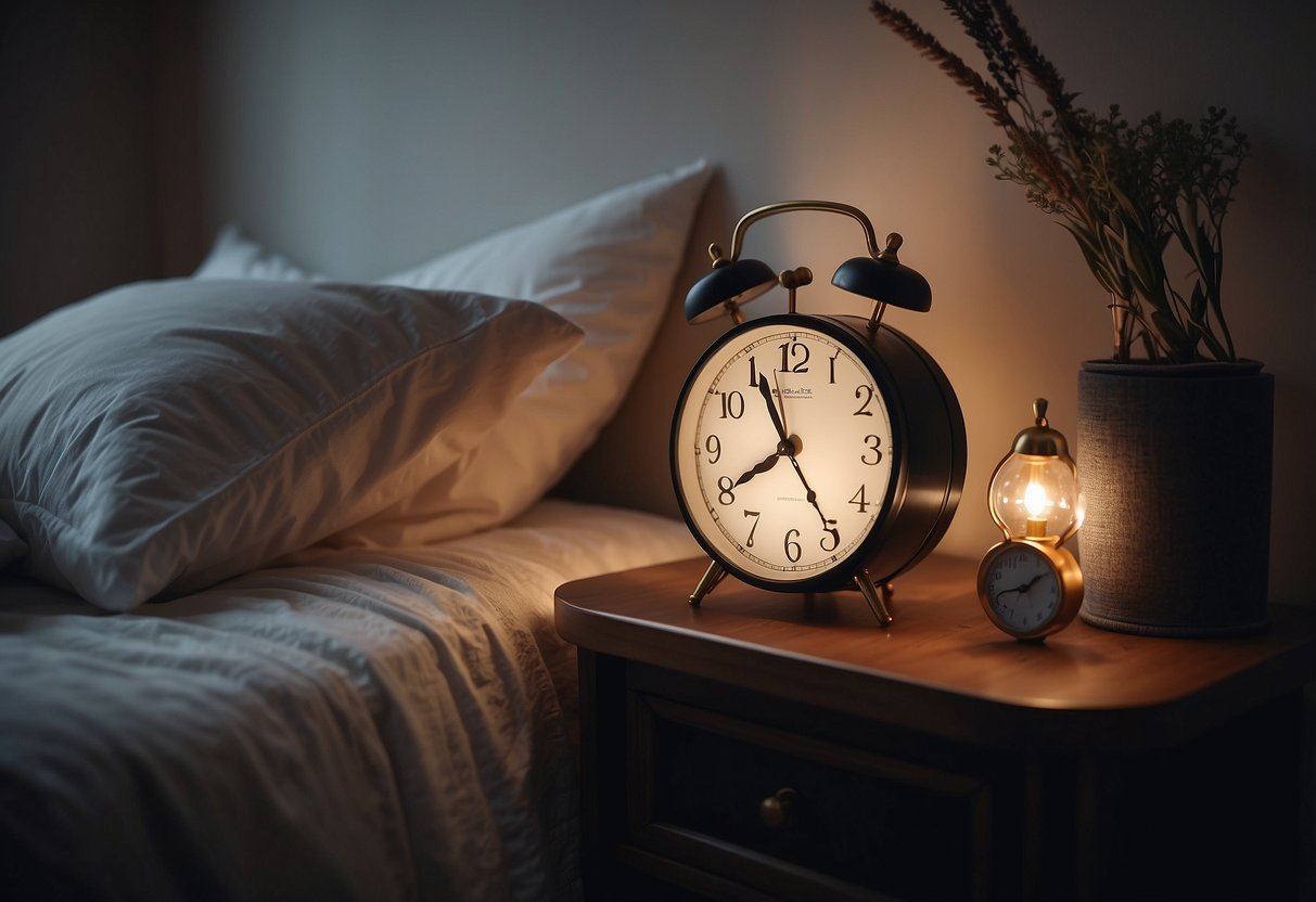 A cozy bedroom with a rumpled bed, soft lighting, and a sense of intimacy. A clock on the nightstand reads 10:00 PM