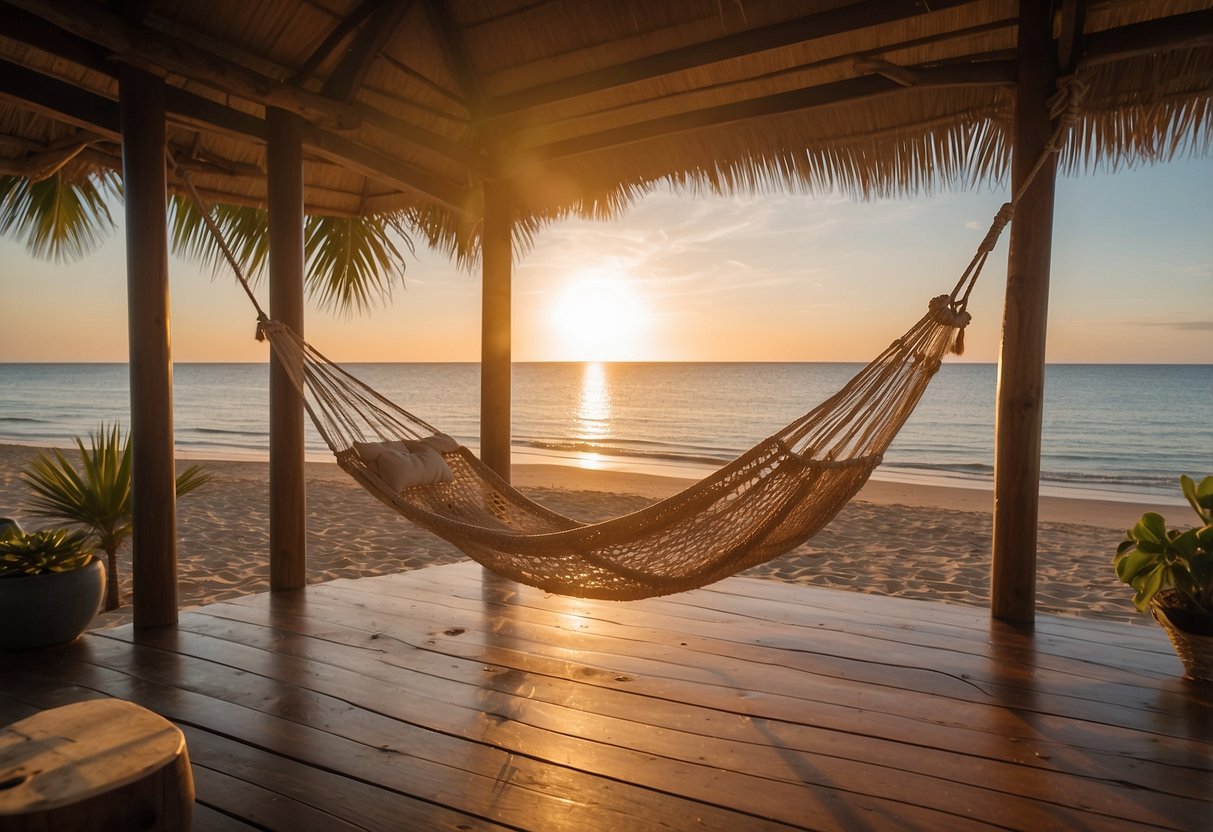 A cozy beachfront cottage with a hammock, tropical drinks, and a sunset view over the ocean